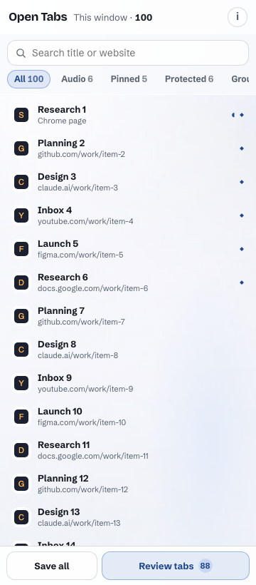 UntangleTabs Open Tabs panel showing a compact searchable list of 100 Chrome tabs with audio, pinned and protected filters