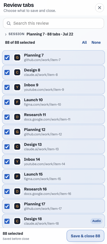 UntangleTabs Review tabs panel showing the selected tabs, protected pages and the final save and close confirmation